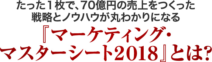 たった１枚で、70億円の売上をつくった戦略とノウハウが丸わかりになる『マーケティング・マスターシート2018』とは？